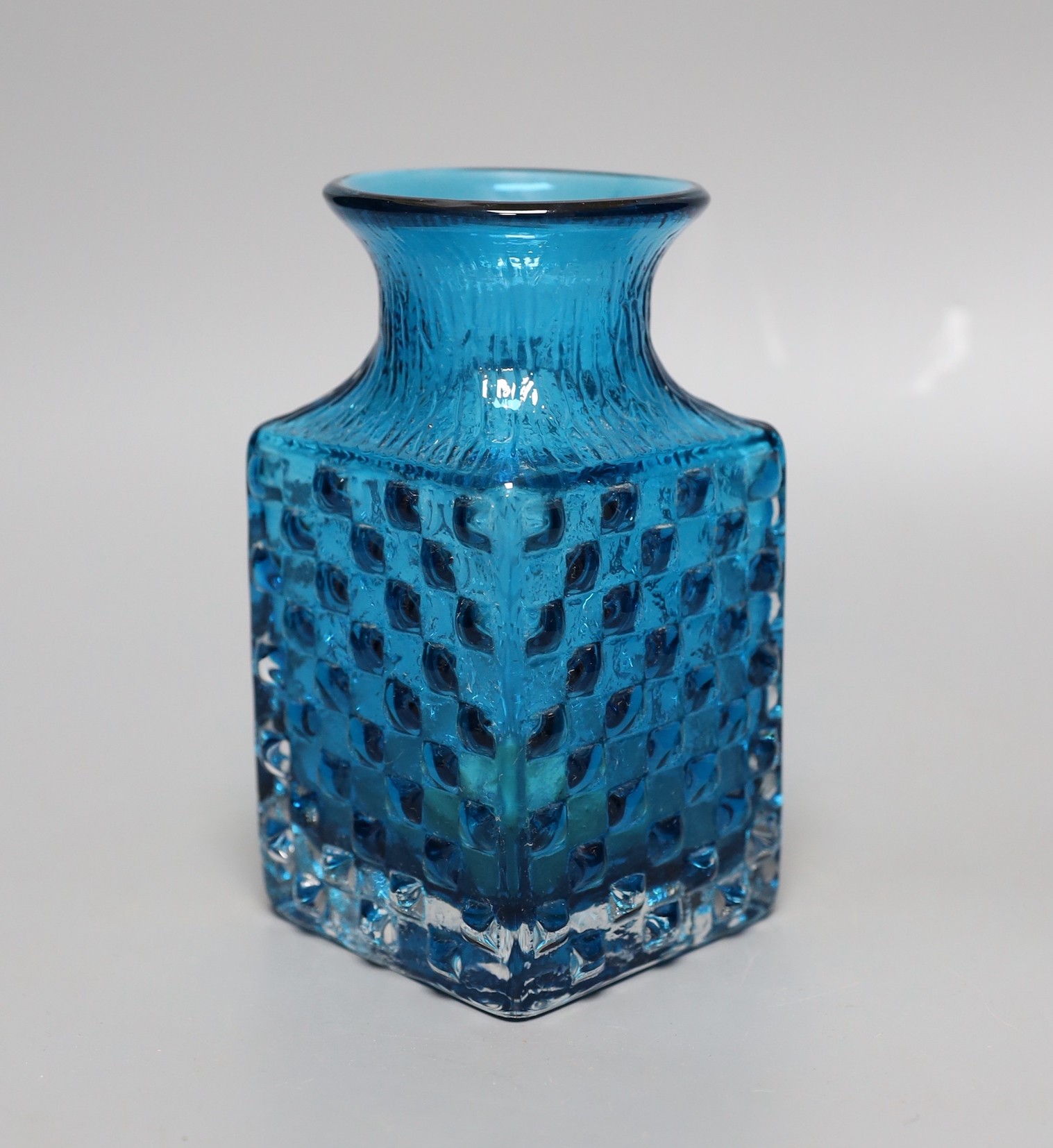 A Whitefriars 'Chess' glass vase, designed by Geoffrey Baxter, pattern number 9817, blue glass, 15cm tall
